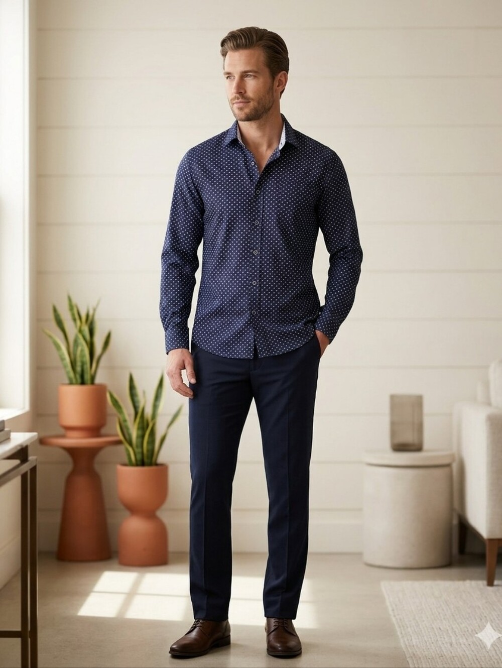 Men's Navy Geometric Print Long-Sleeve Button-Down Shirt
